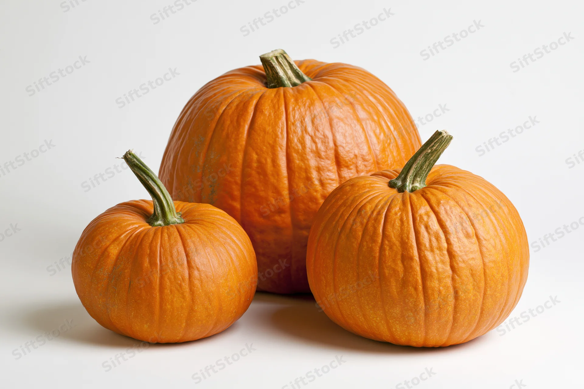 Three orange pumpkins of varying sizes arranged together on a white surface