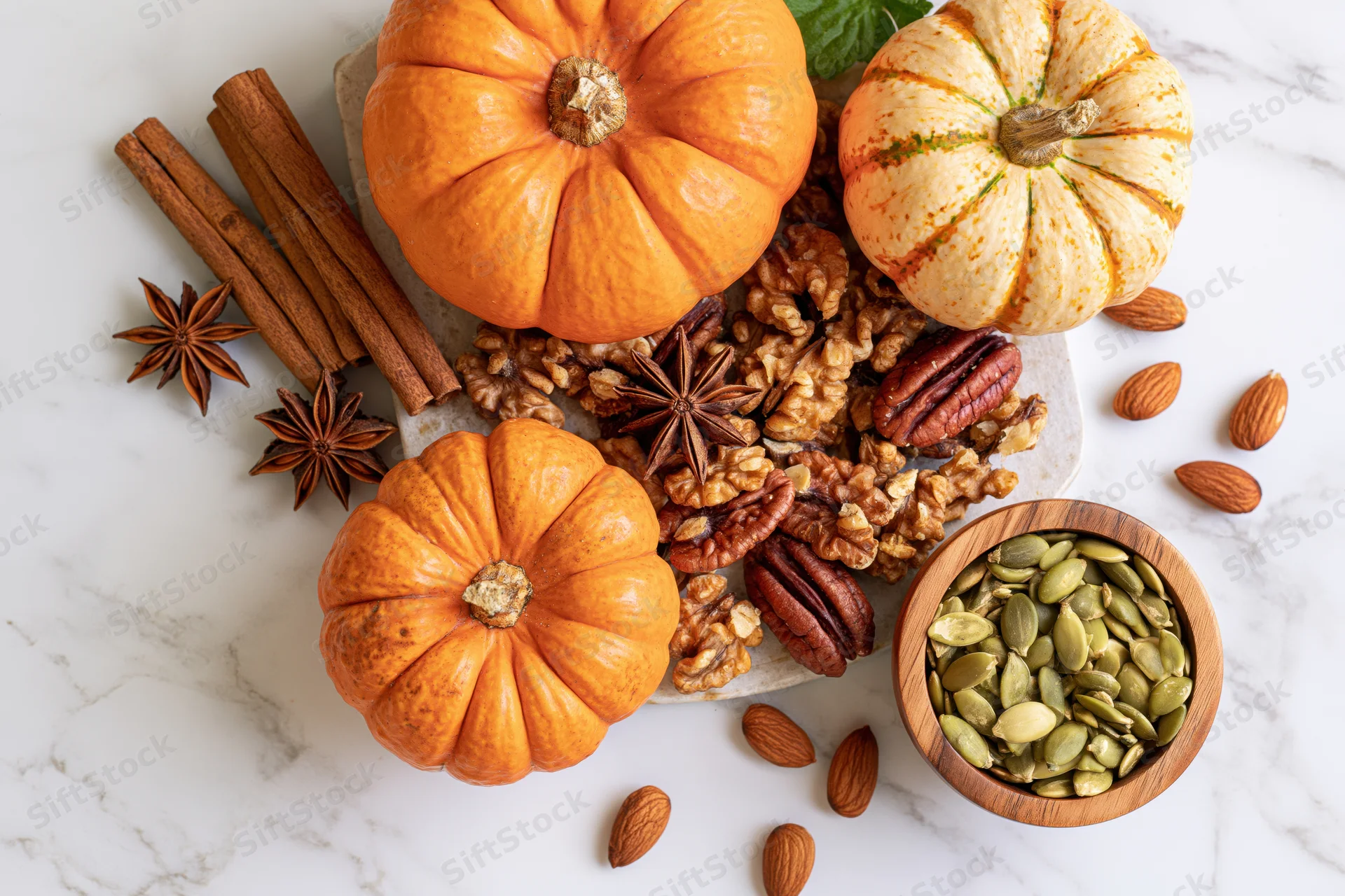 Three small pumpkins with cinnamon sticks, nuts, and seeds arranged on a marble countertop