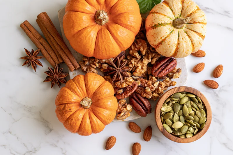 Three small pumpkins with cinnamon sticks, nuts, and seeds arranged on a marble countertop