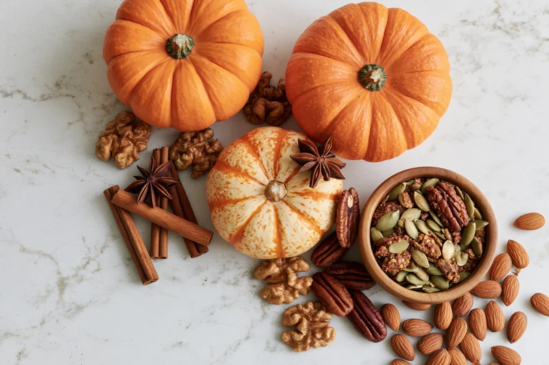 Small pumpkins with cinnamon sticks and nuts arranged on a marble countertop
