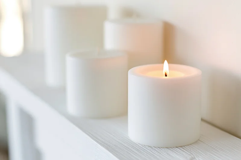 Lit white pillar candle on a white wooden shelf with other candles in soft focus
