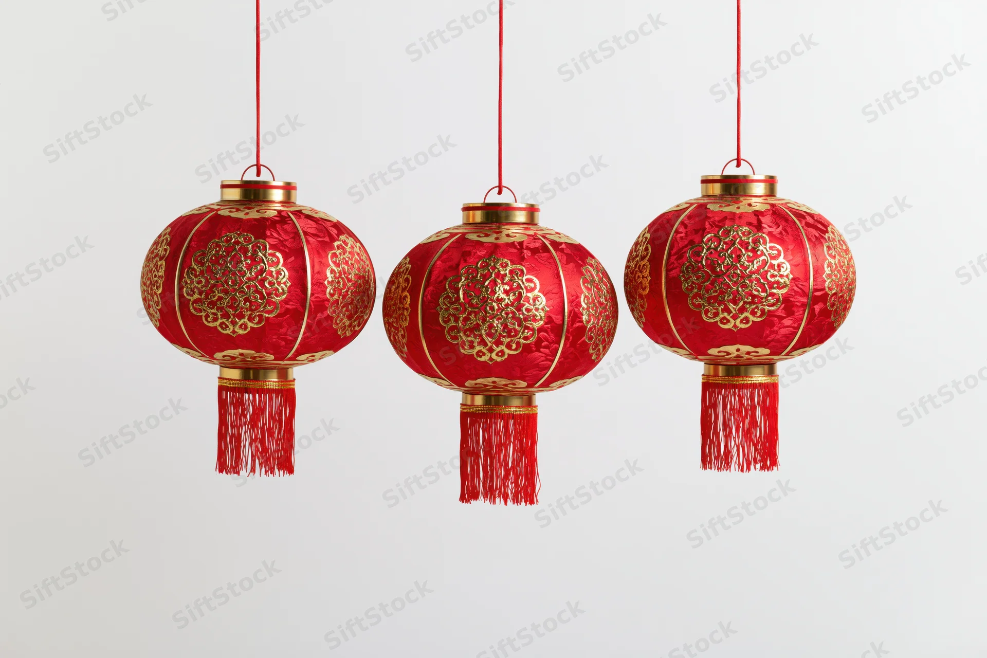 Three red and gold chinese paper lanterns hanging in a row against a white background