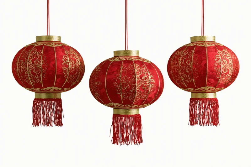 Three red and gold chinese paper lanterns hanging in a row against white background