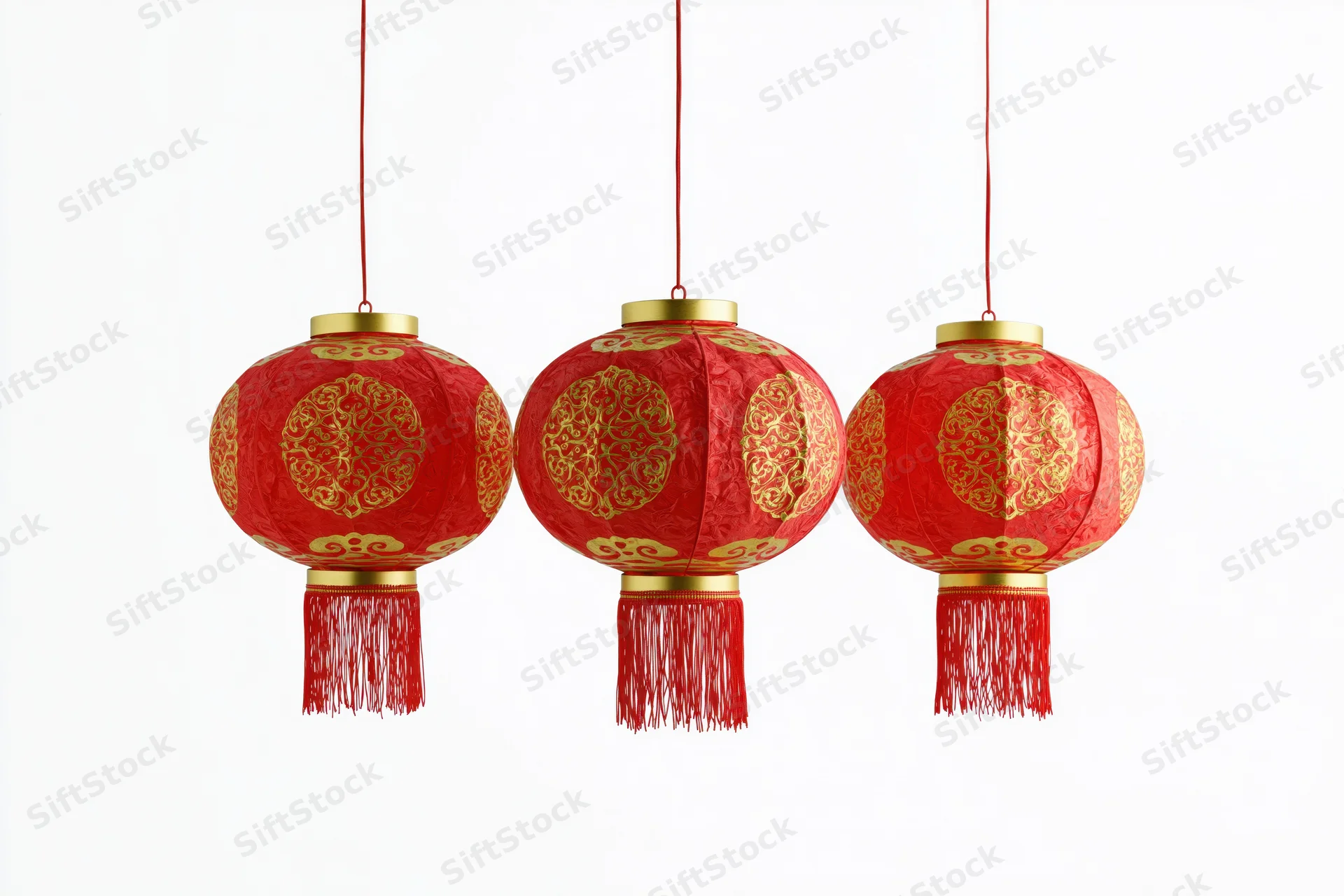 Three red and gold chinese paper lanterns hanging in a row against white background
