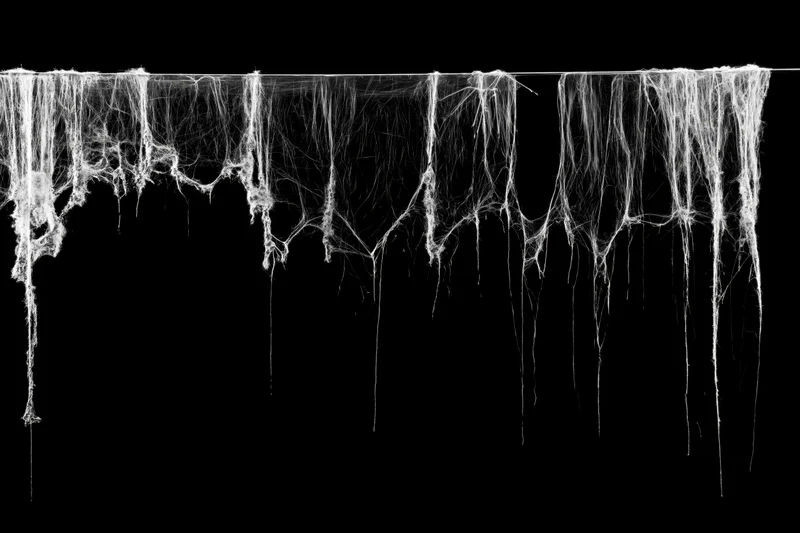 Tattered spiderweb hanging from a thin wire against black background
