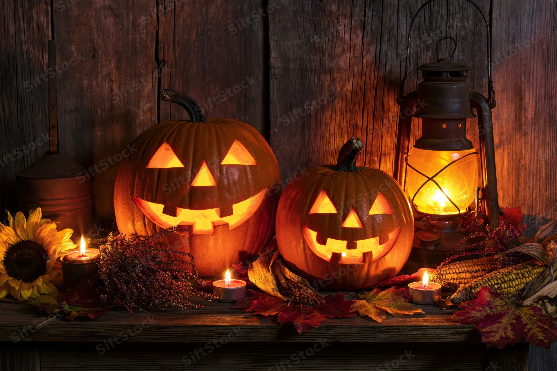 Two carved jack-o-lanterns glowing with candles on a wooden table surrounded by autumn decorations