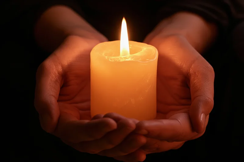 Cupped hands holding a lit pillar candle in complete dark