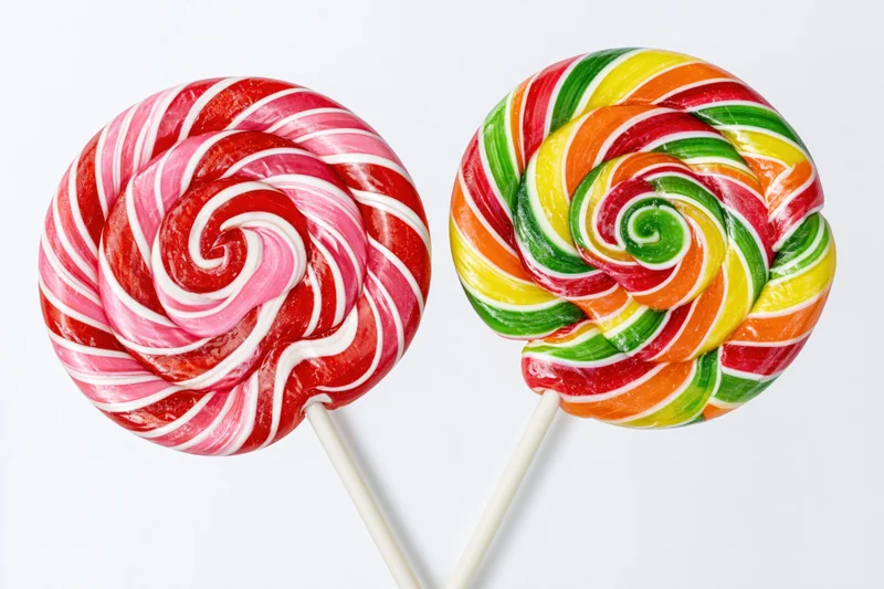 Two large round swirl lollipops on white sticks placed side by side against white background