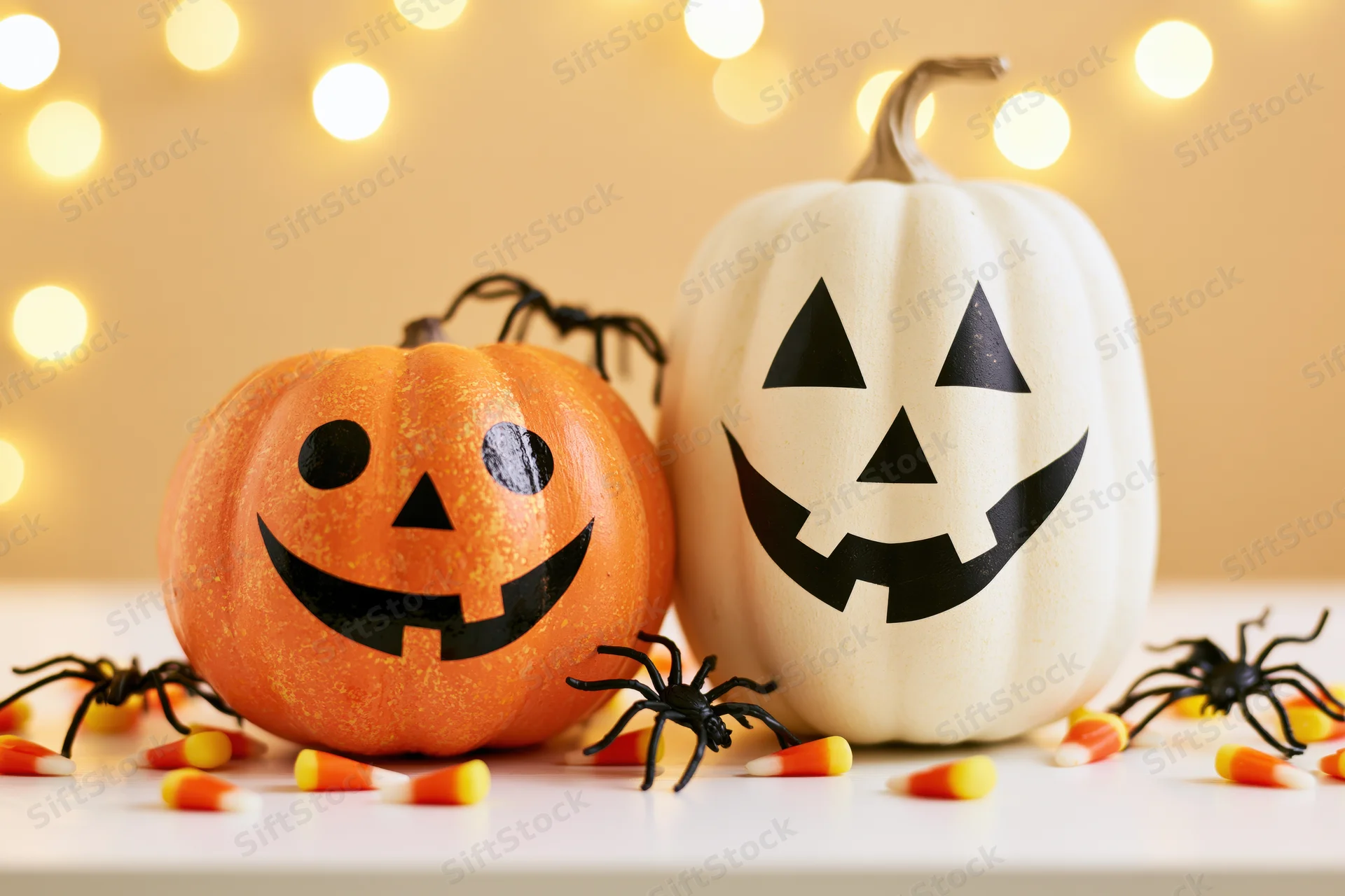 Two painted halloween pumpkins with jack-o-lantern faces on a table surrounded by candy corn and plastic spiders with warm bokeh lights in the background