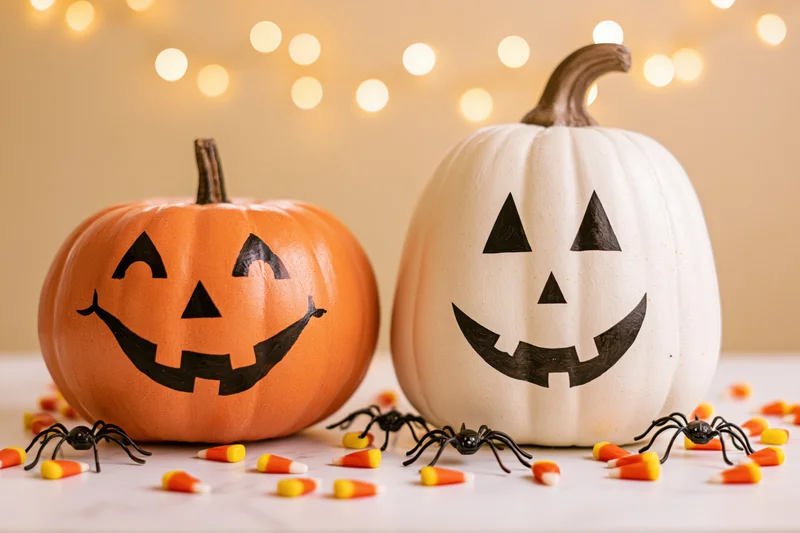 Two painted halloween pumpkins with jack-o-lantern faces on a table surrounded by candy corn and toy spiders with string lights in the background
