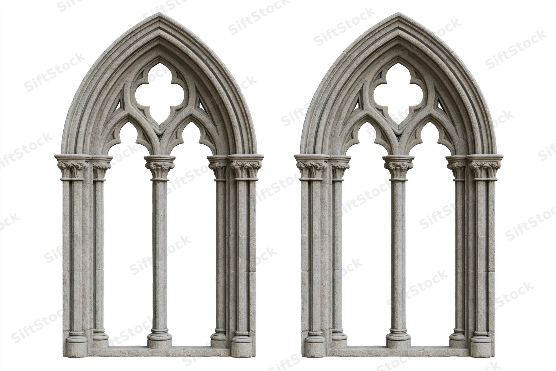 Two identical gothic stone window arches with trefoil tracery and columns on white background