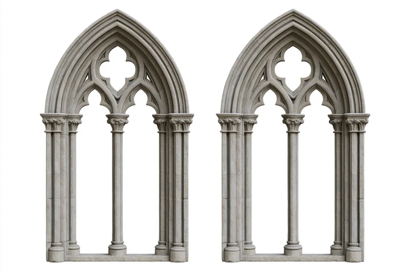 Two identical gothic stone window arches with trefoil tracery and columns on white background