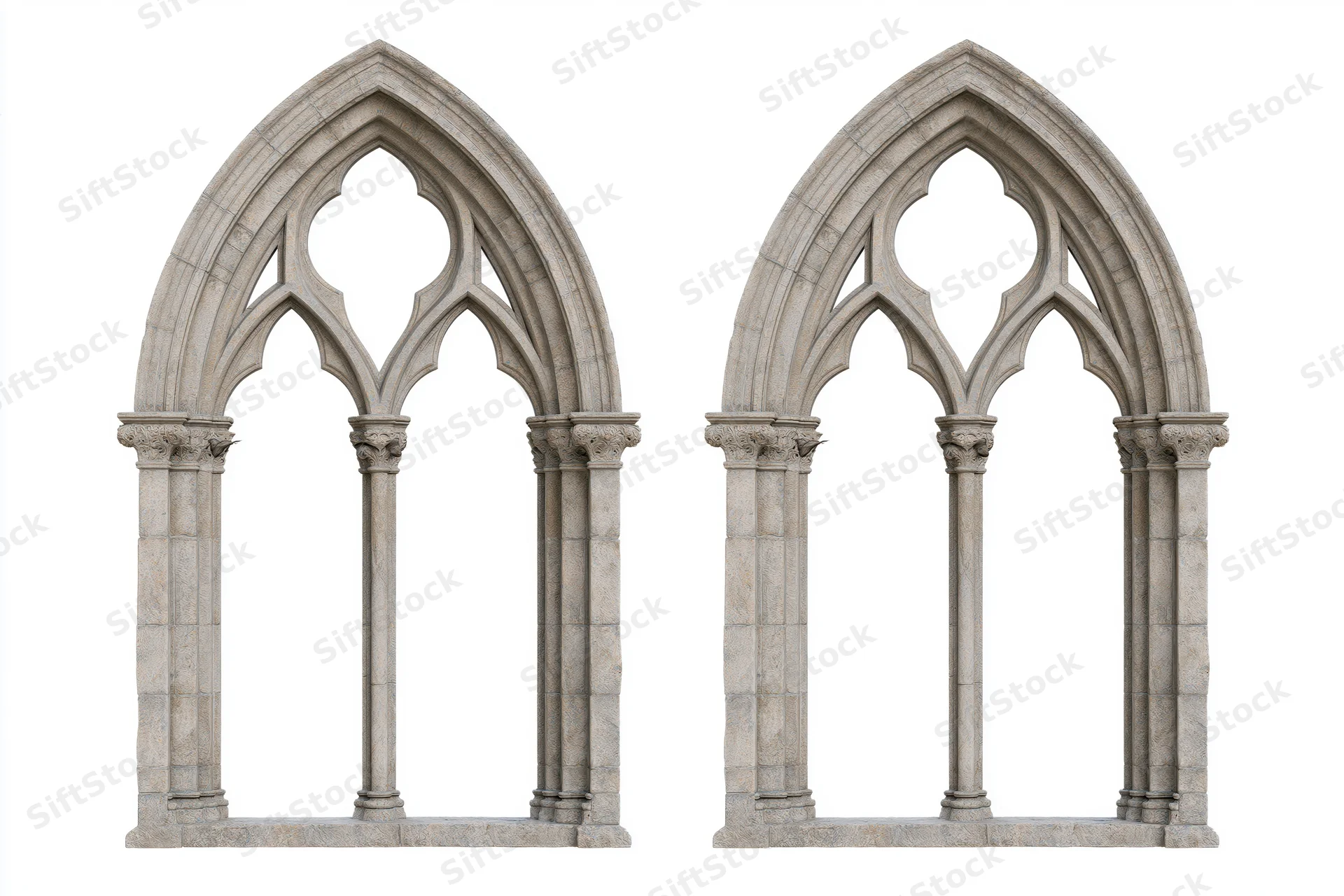 Two identical gothic stone window arches with trefoil tracery and columns on white background