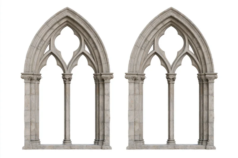 Two identical gothic stone window arches with trefoil tracery and columns on white background