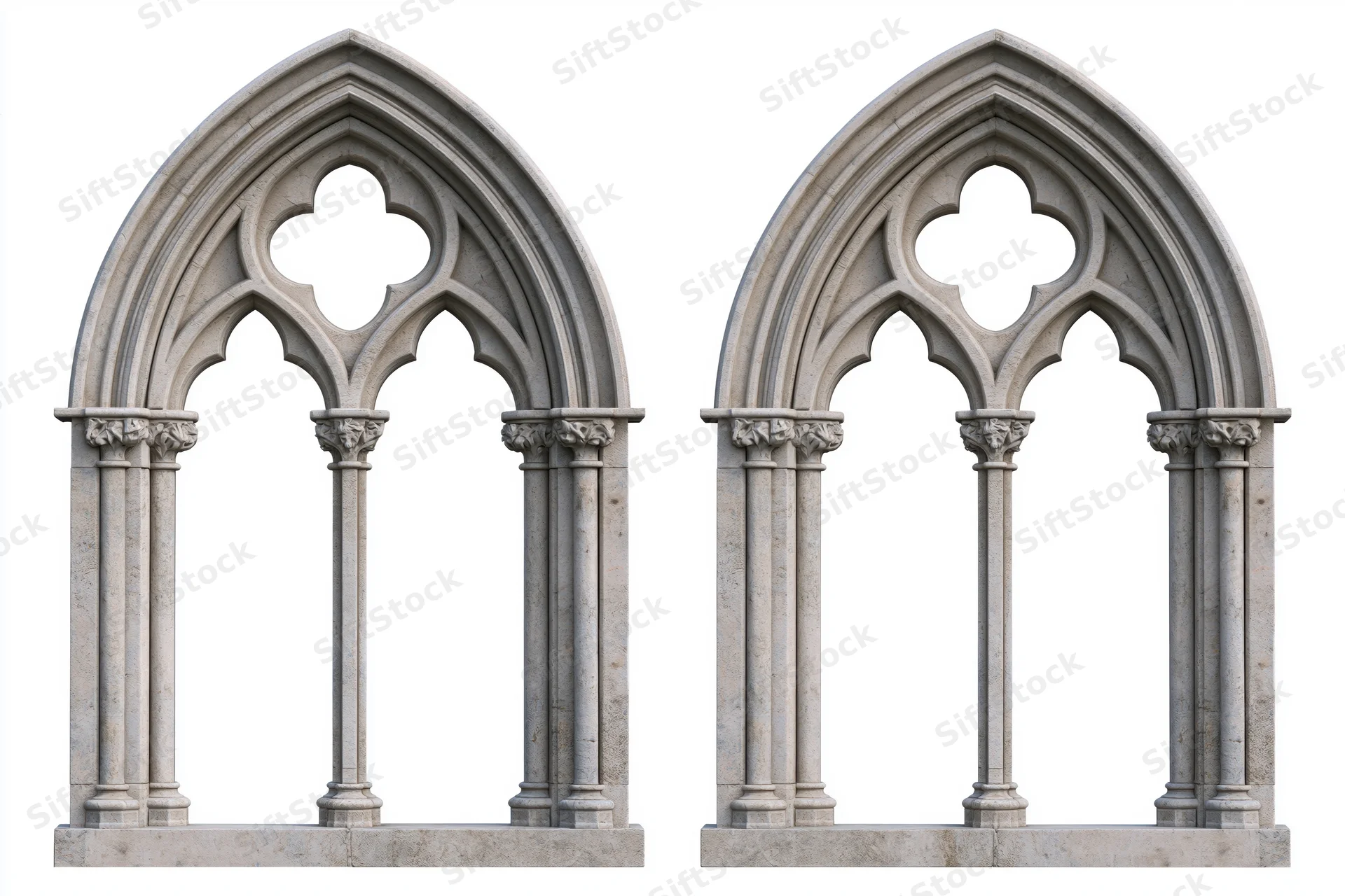Two identical gothic stone window arches with trefoil tracery and columns on white background