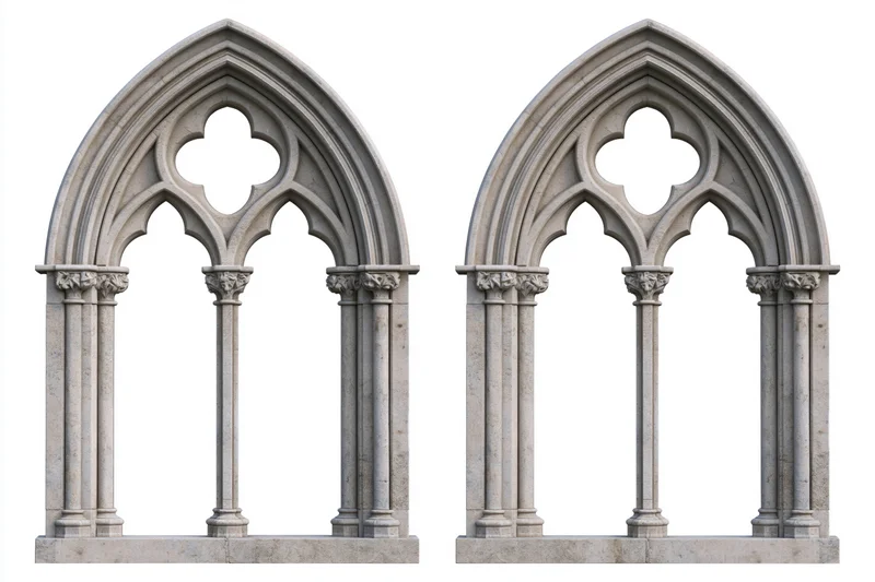 Two identical gothic stone window arches with trefoil tracery and columns on white background