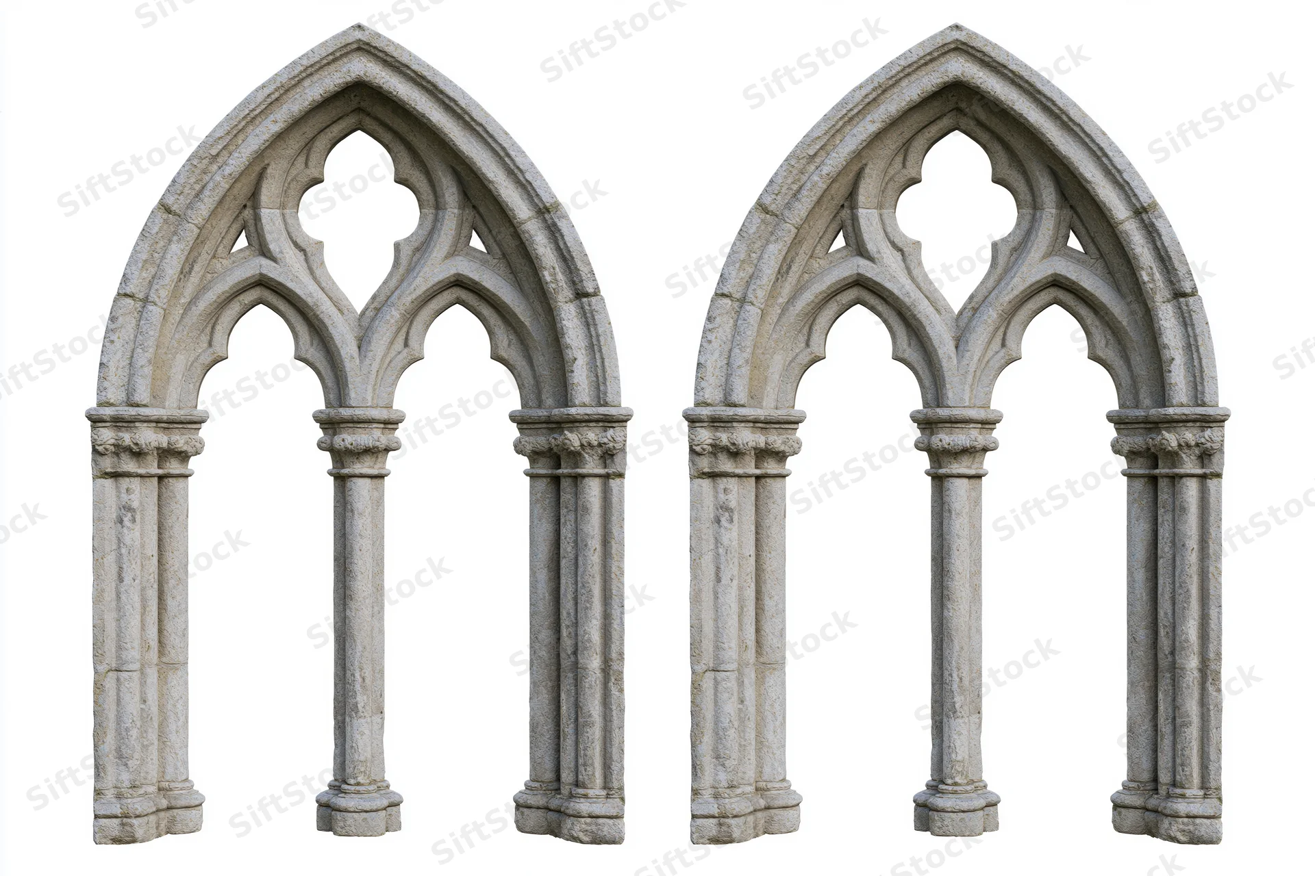 Two identical gothic stone window arches with trefoil tracery and columns on white background