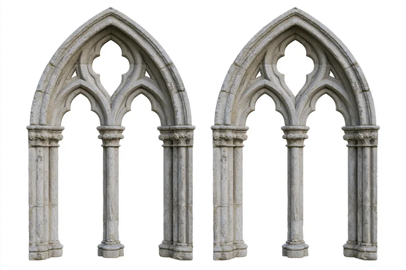 Two identical gothic stone window arches with trefoil tracery and columns on white background