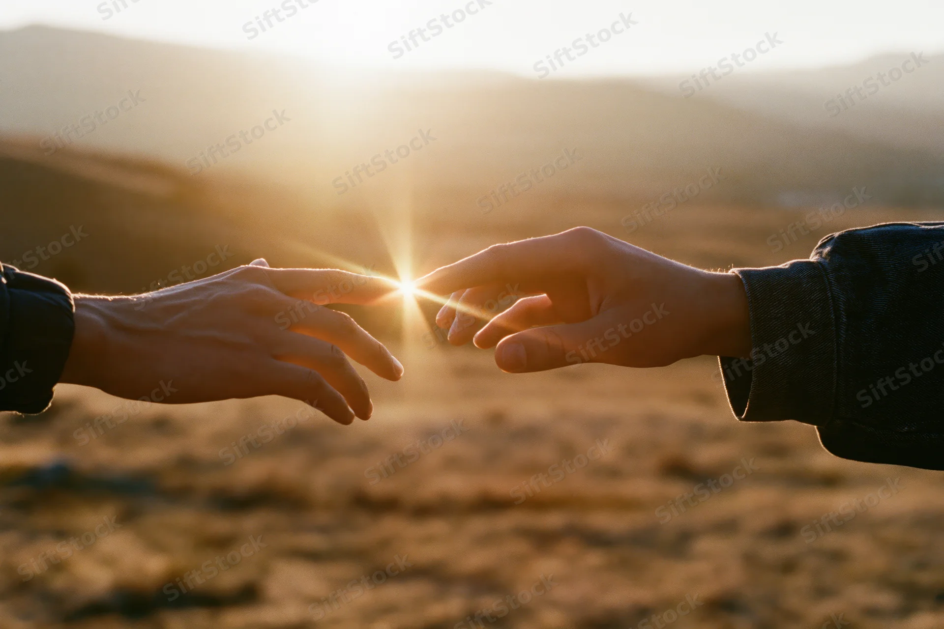 Two hands reaching toward each other with fingertips almost touching at sunset in a mountainous landscape