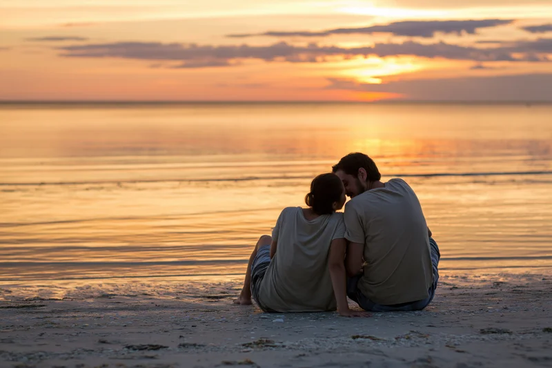 Couple sitting close together on sandy beach at sunset facing ocean