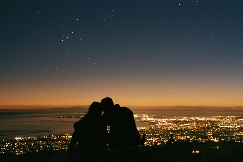Couple in silhouette embracing on hilltop overlooking city lights at twilight