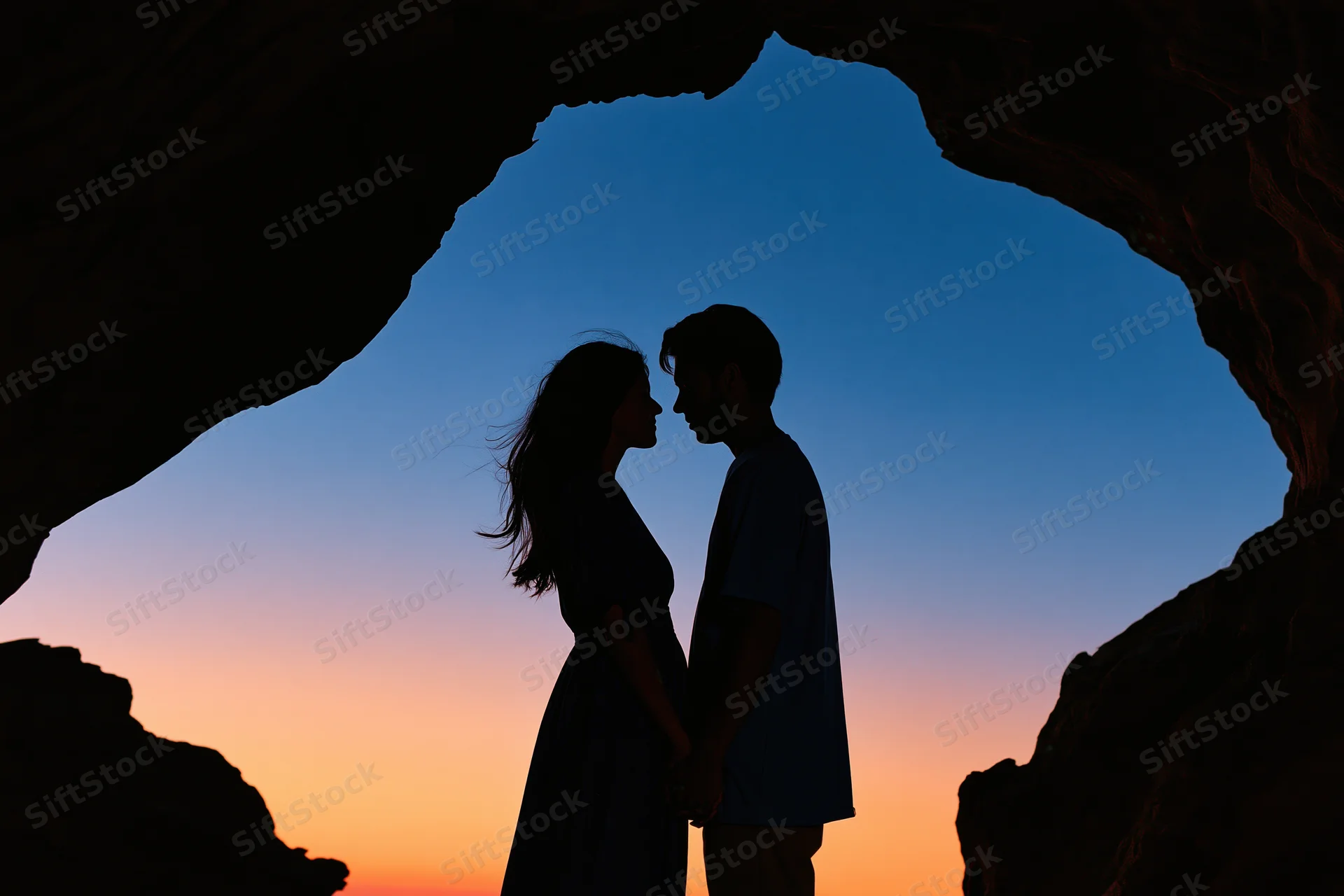Couple silhouetted facing each other inside a cave at sunset