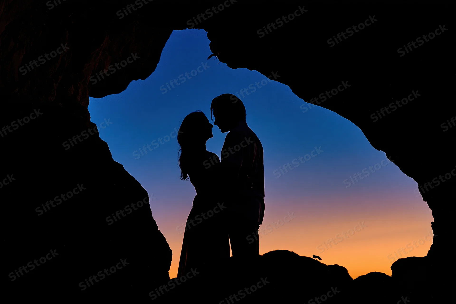 Couple silhouetted facing each other inside a cave at twilight