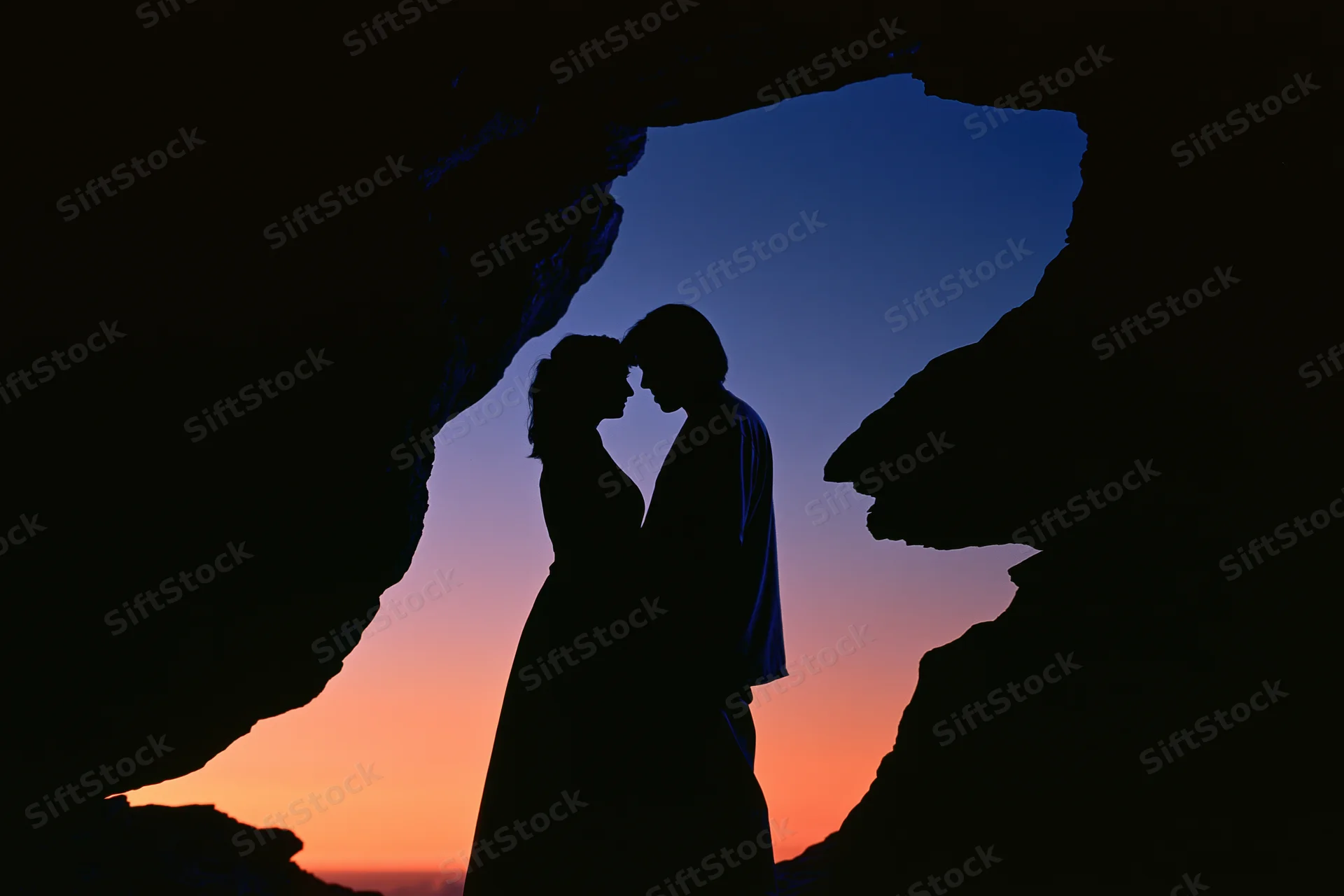 Silhouetted couple facing each other in a cave at sunset