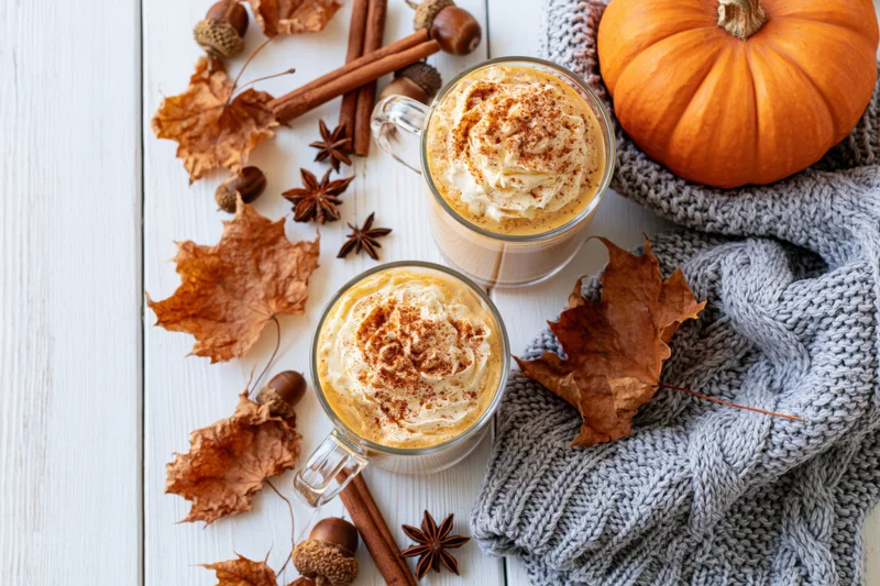 Two pumpkin spice lattes with whipped cream and cinnamon on a white wooden table surrounded by autumn leaves, acorns, star anise, a pumpkin, and a gray knitted sweater