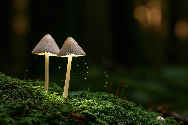 Two slender mushrooms with glowing caps growing on moss in a dark forest