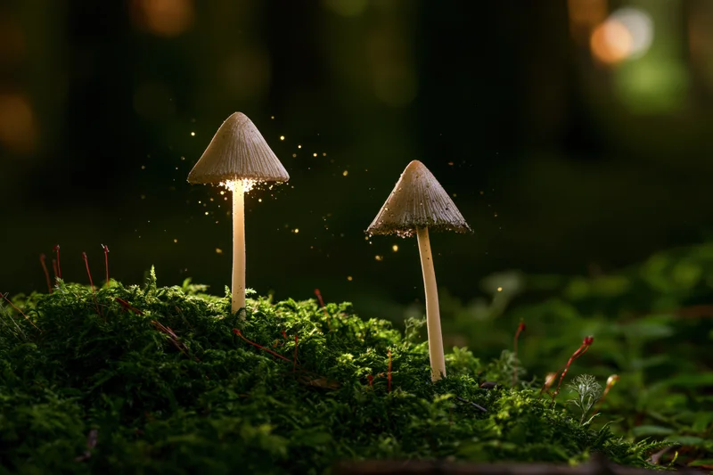 Two slender wild mushrooms with pale conical caps glowing softly on a mossy forest floor at twilight