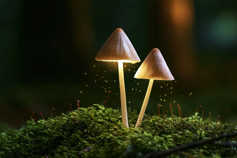 Two slender wild mushrooms with pale conical caps glowing softly on a mossy forest floor at night