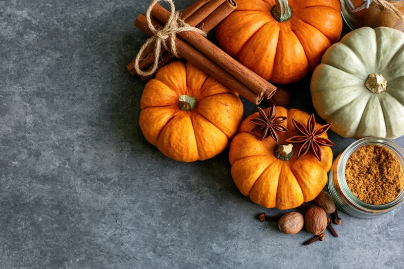 Small pumpkins and spices arranged on a gray countertop with copyspace