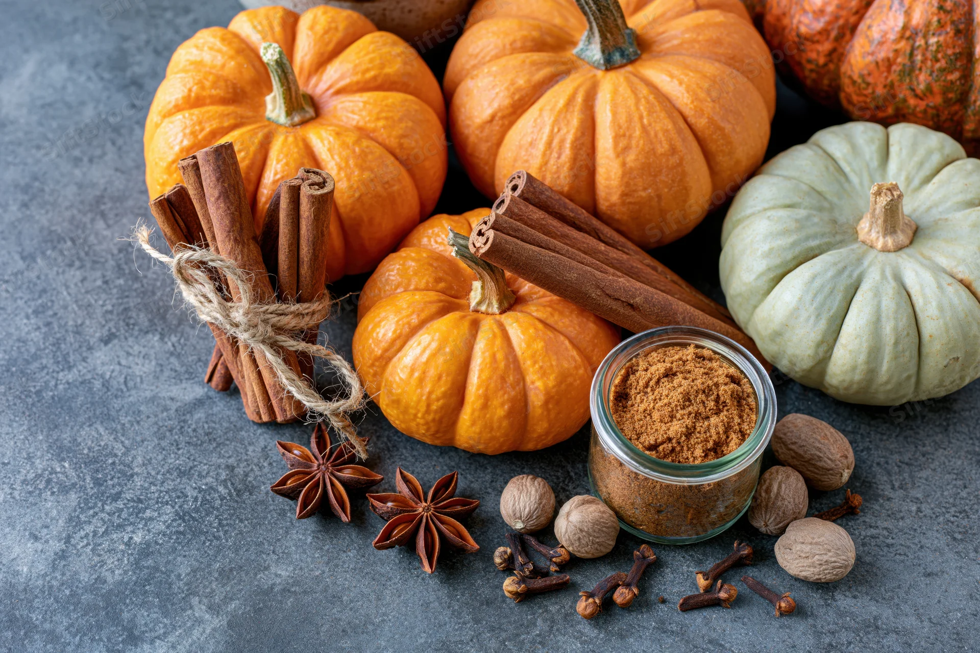 Small pumpkins and spices arranged on a dark countertop for autumn decoration