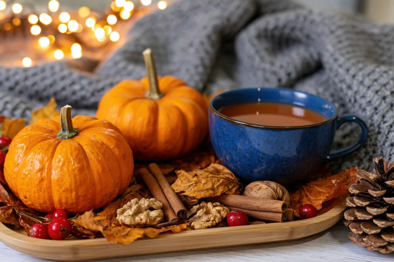 Two small orange pumpkins on a wooden tray with tea, cinnamon sticks, walnuts, pinecones, and autumn leaves, surrounded by a knitted blanket and string lights