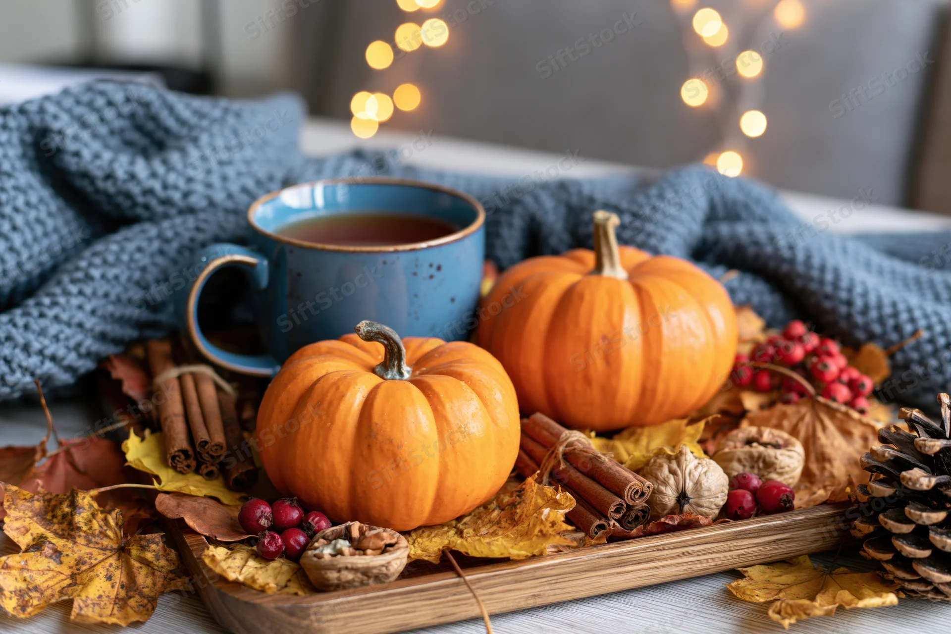 Two small orange pumpkins on a wooden tray surrounded by dried leaves, berries, cinnamon sticks, pinecones, and a blue mug of tea, set on a knitted blanket with warm string lights in the background