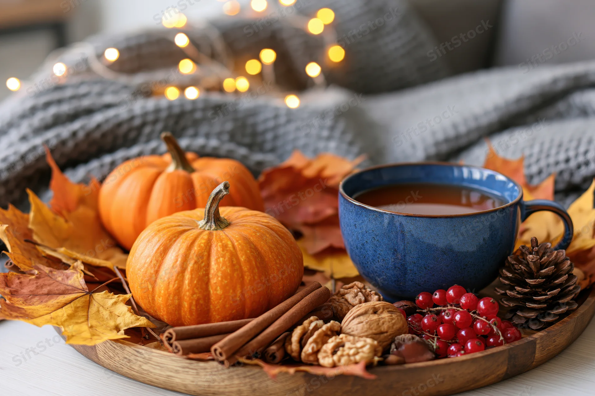 Two small orange pumpkins and a blue ceramic cup of tea arranged on a wooden tray with cinnamon sticks, walnuts, pinecones, red berries, and autumn leaves, set on a table beside a knitted blanket and string lights