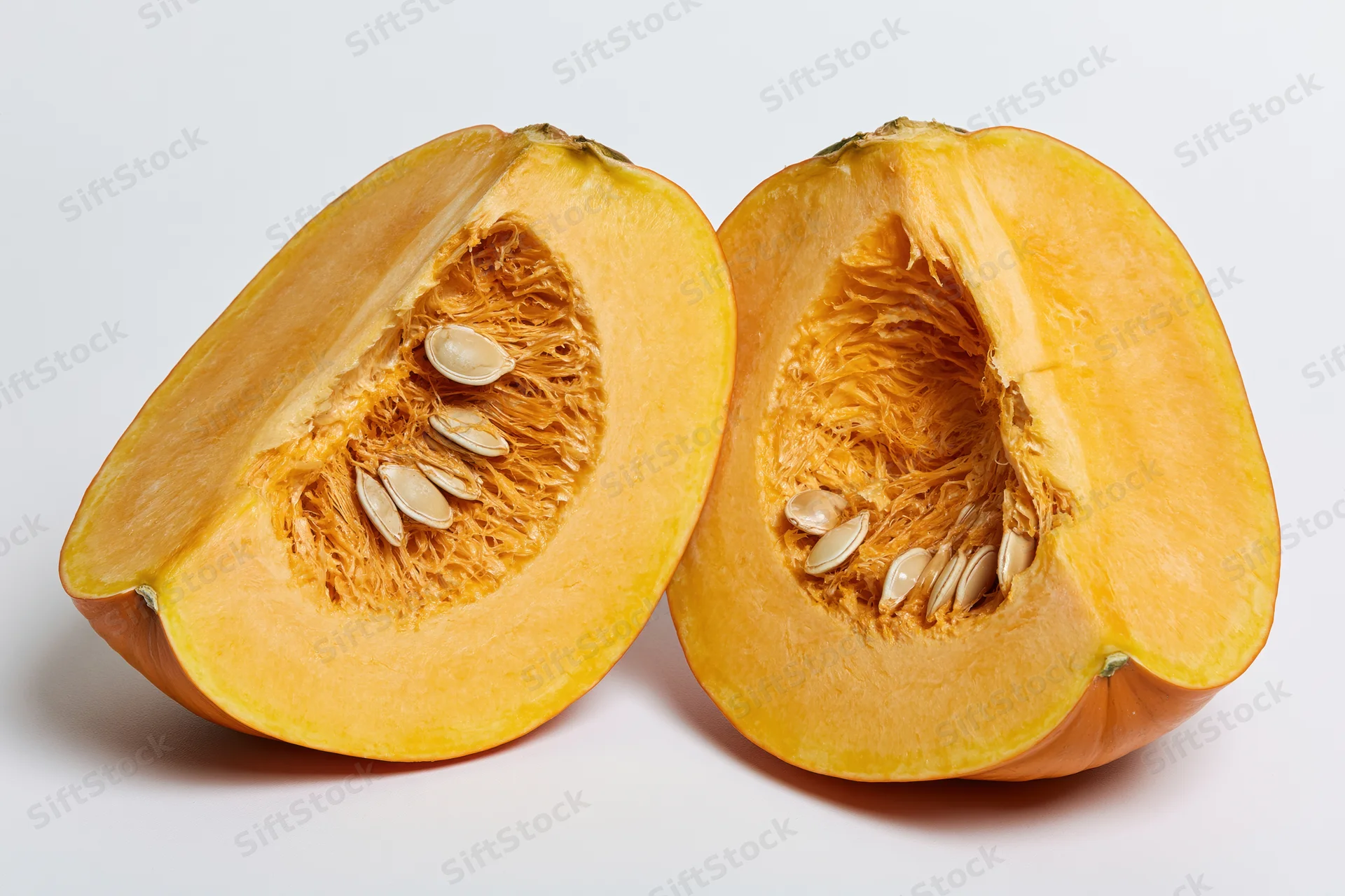 Two halved pumpkins showing fibrous interior and seeds on white background