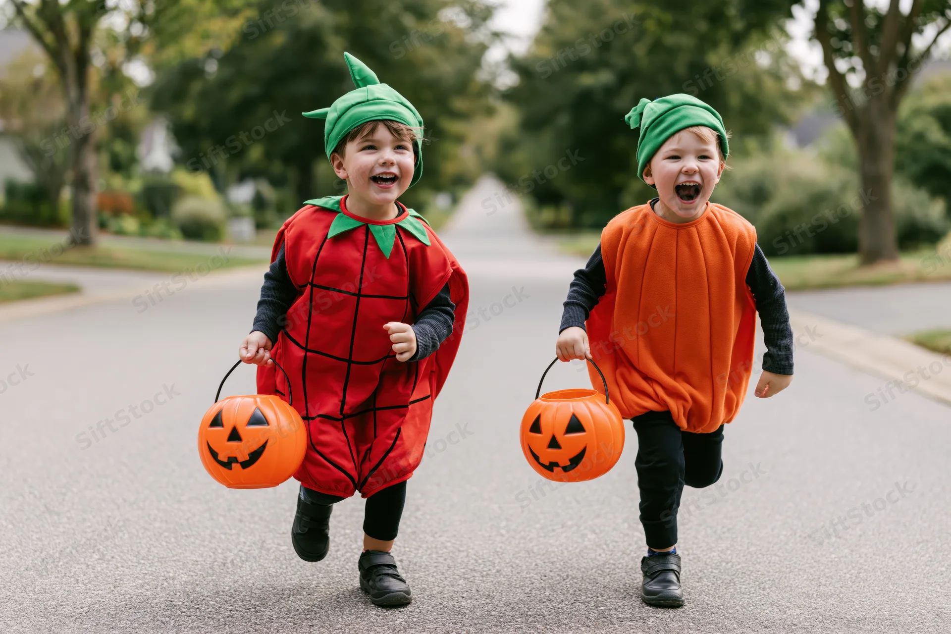 Two young boys in pumpkin costumes running and laughing on a residential street