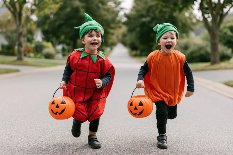 Two young boys in pumpkin costumes running and laughing on a residential street