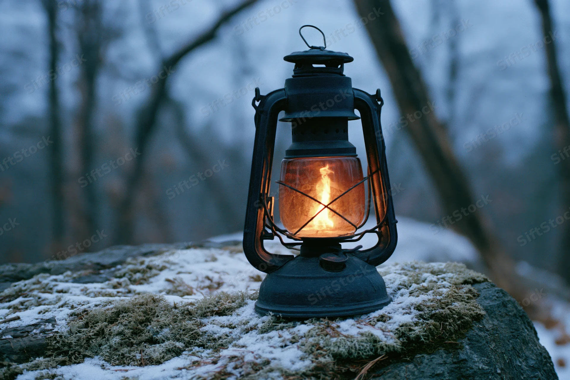 Vintage black kerosene lantern glowing with warm amber flame on snowy mossy rock in forest at twilight