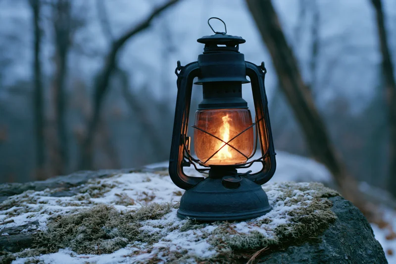 Vintage black kerosene lantern glowing with warm amber flame on snowy mossy rock in forest at twilight