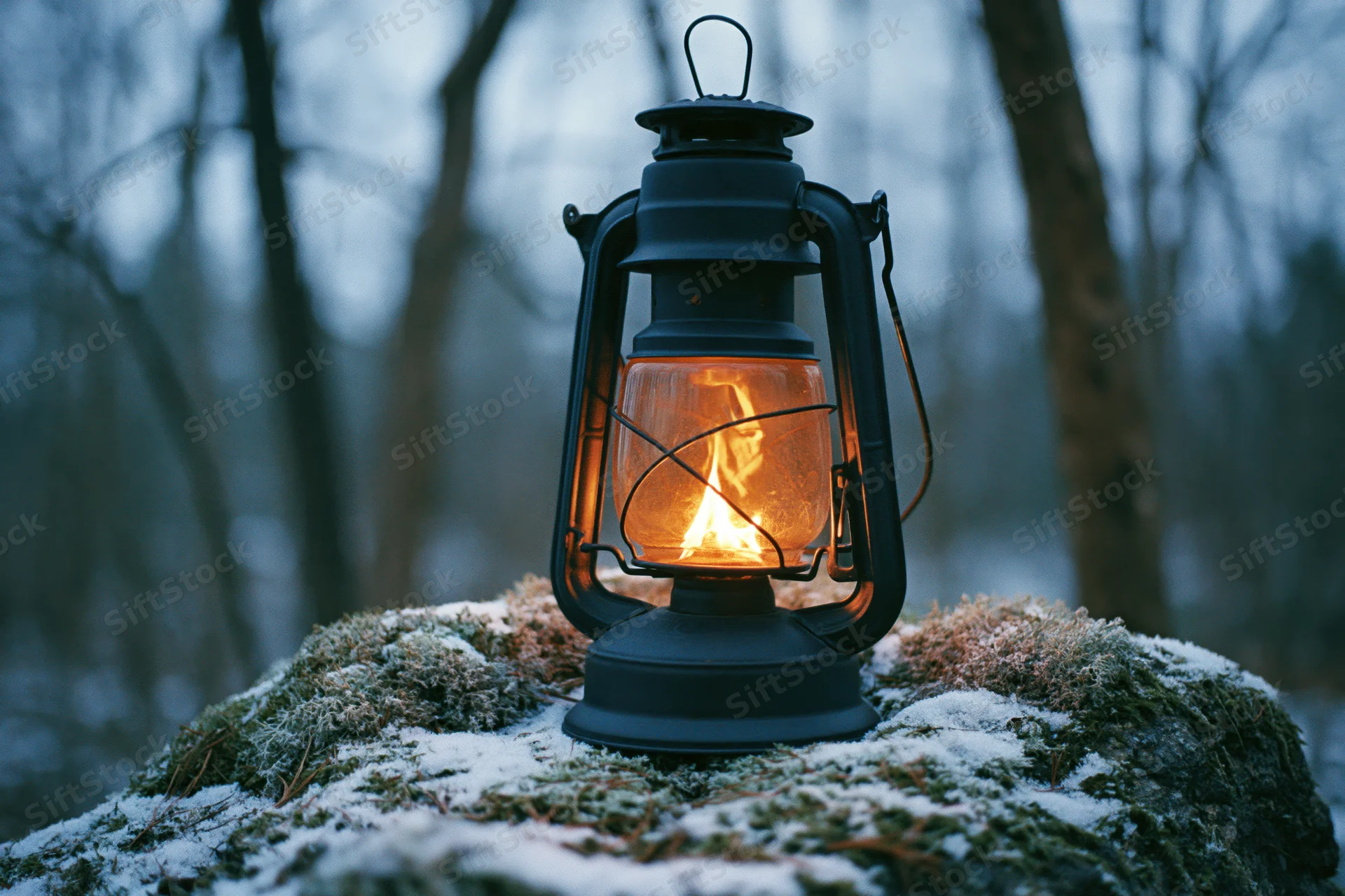 Vintage black kerosene lantern glowing with warm amber flame on a mossy snow-dusted rock in a winter forest