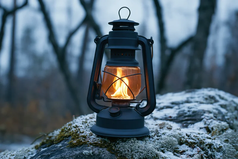 Vintage black kerosene lantern glowing with warm amber flame on snowy mossy rock in forest at twilight