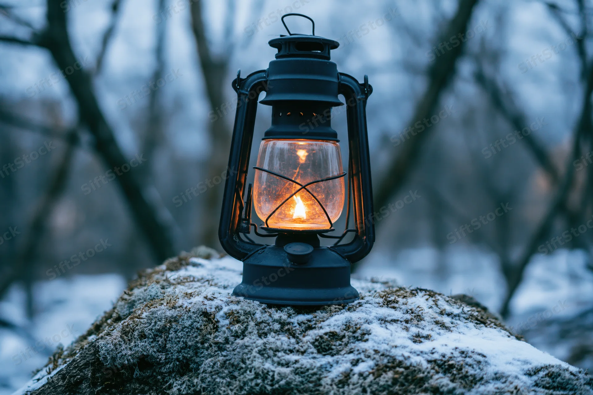 Vintage kerosene lantern glowing on a snow-dusted rock in a winter forest at twilight
