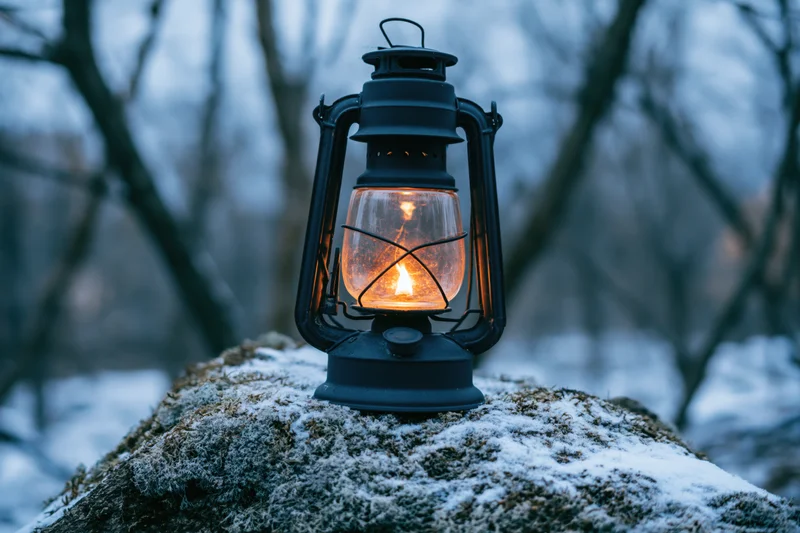 Vintage kerosene lantern glowing on a snow-dusted rock in a winter forest at twilight