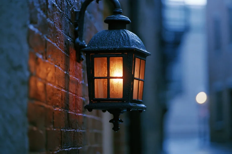Vintage castiron lantern glowing on wet brick wall in narrow alley at night