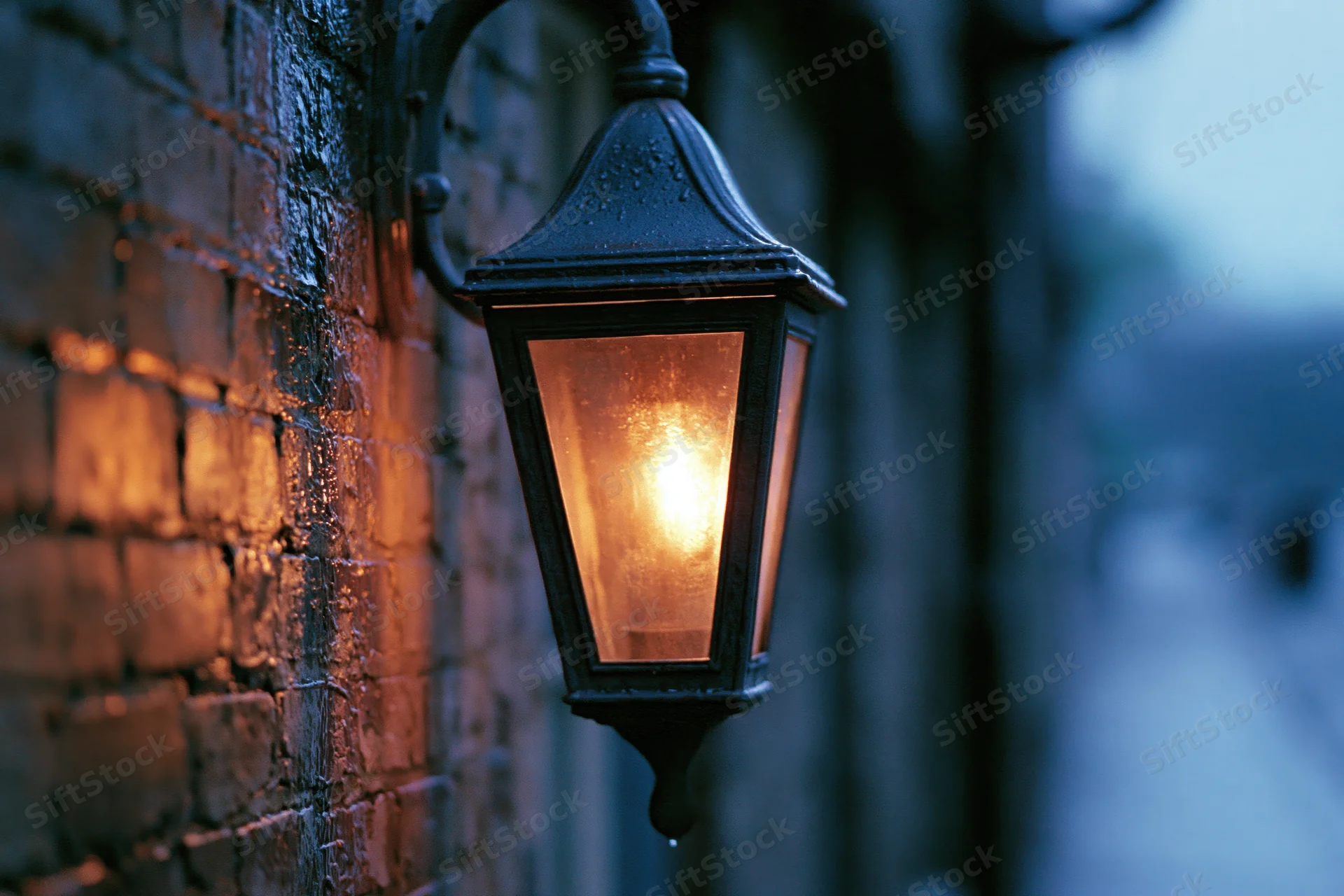 Vintage castiron lantern glowing on wet brick wall at evening