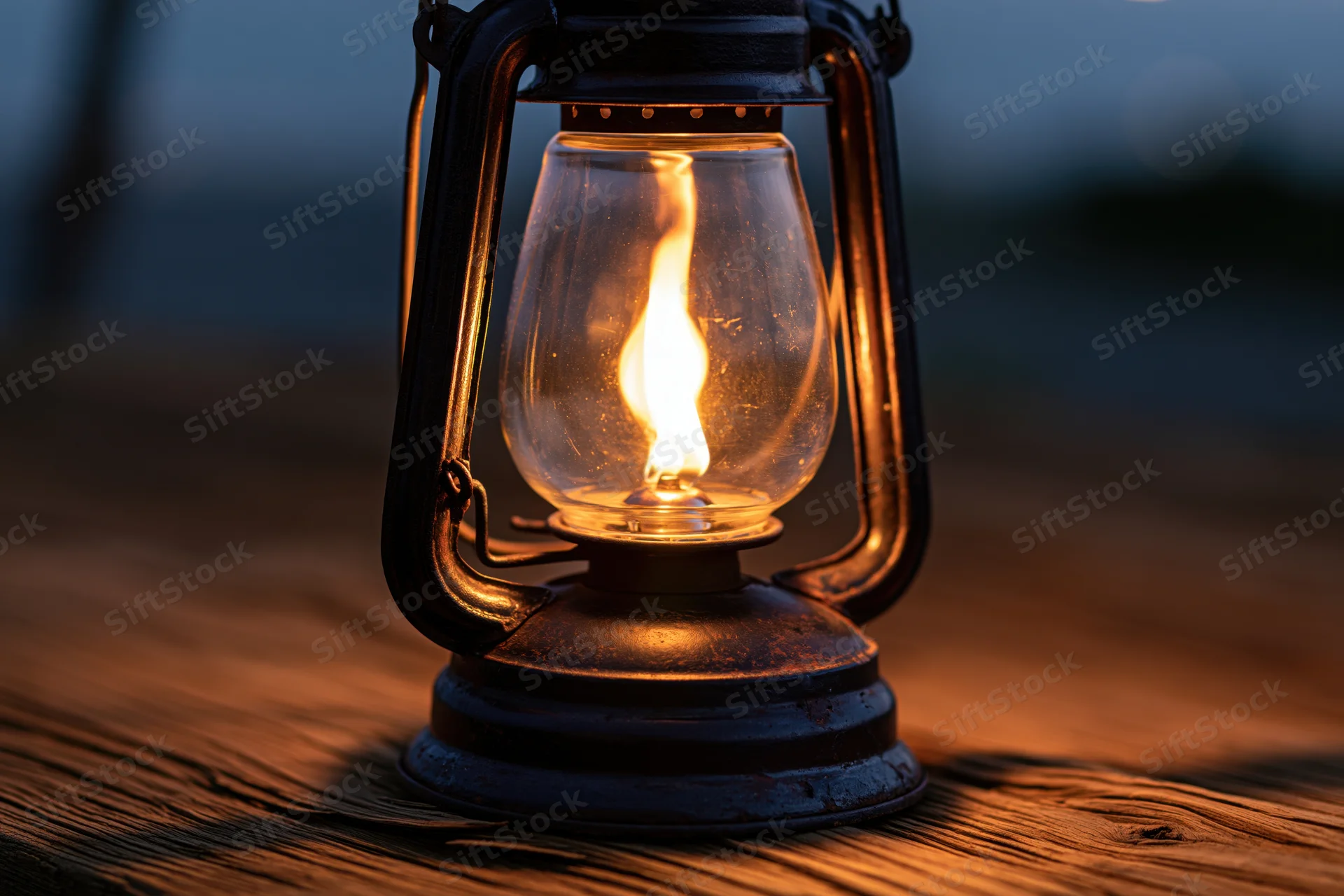 Vintage kerosene lantern with lit flame on weathered wooden surface at twilight