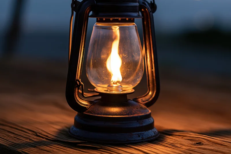 Vintage kerosene lantern with lit flame on weathered wooden surface at twilight